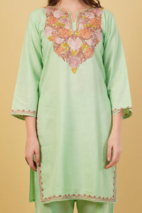 Kashmiri Aari embroidery Cotton Co-ord set Size-40(Green)