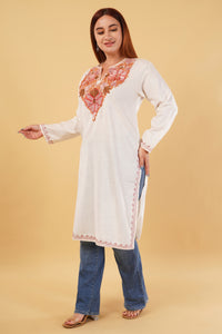 Kashmiri Aari embroidery Cotton Long Kurti Size-44(white)