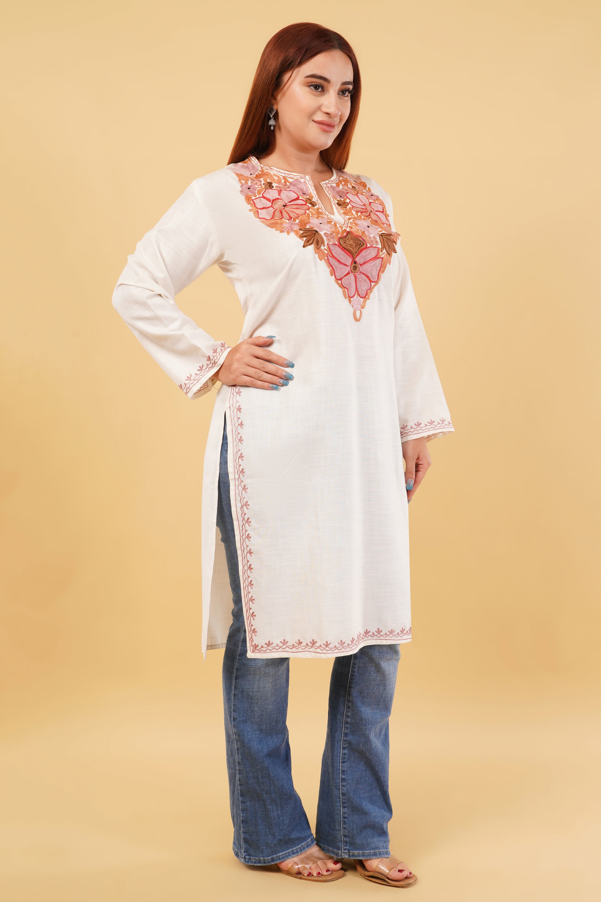 Kashmiri Aari embroidery Cotton Long Kurti Size-44(white)