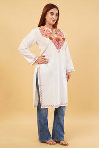 Kashmiri Aari embroidery Cotton Long Kurti Size-44(white)