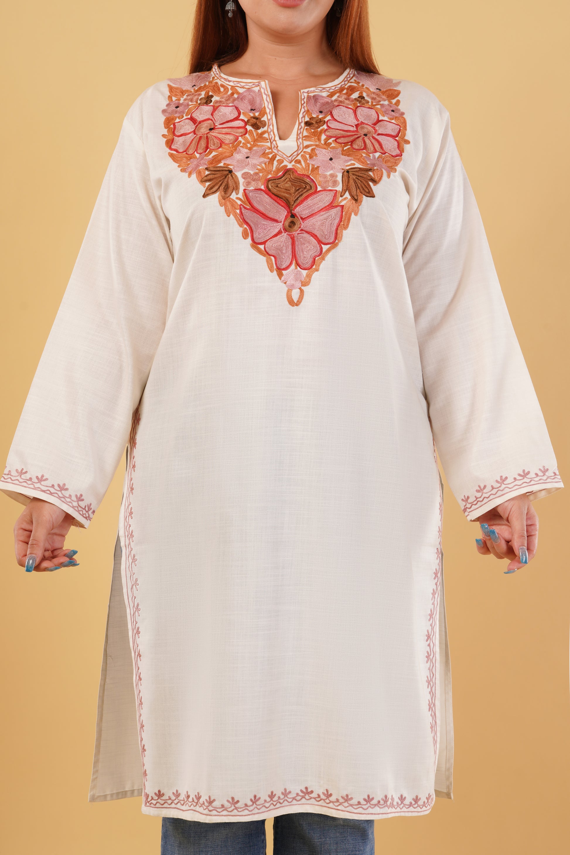 Kashmiri Aari embroidery Cotton Long Kurti Size-44(white)