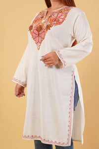Kashmiri Aari embroidery Cotton Long Kurti Size-44(white)