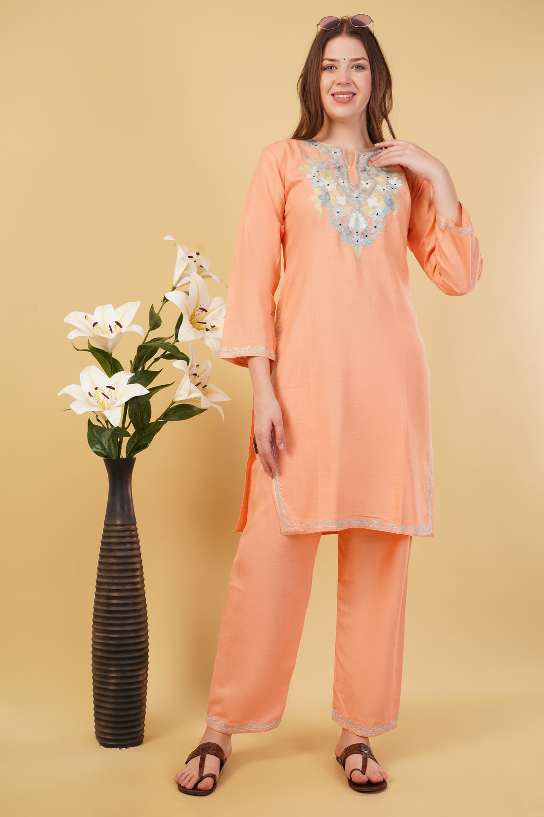 Kashmiri Aari embroidery Cotton Co-ord set Size-40 (Peach)