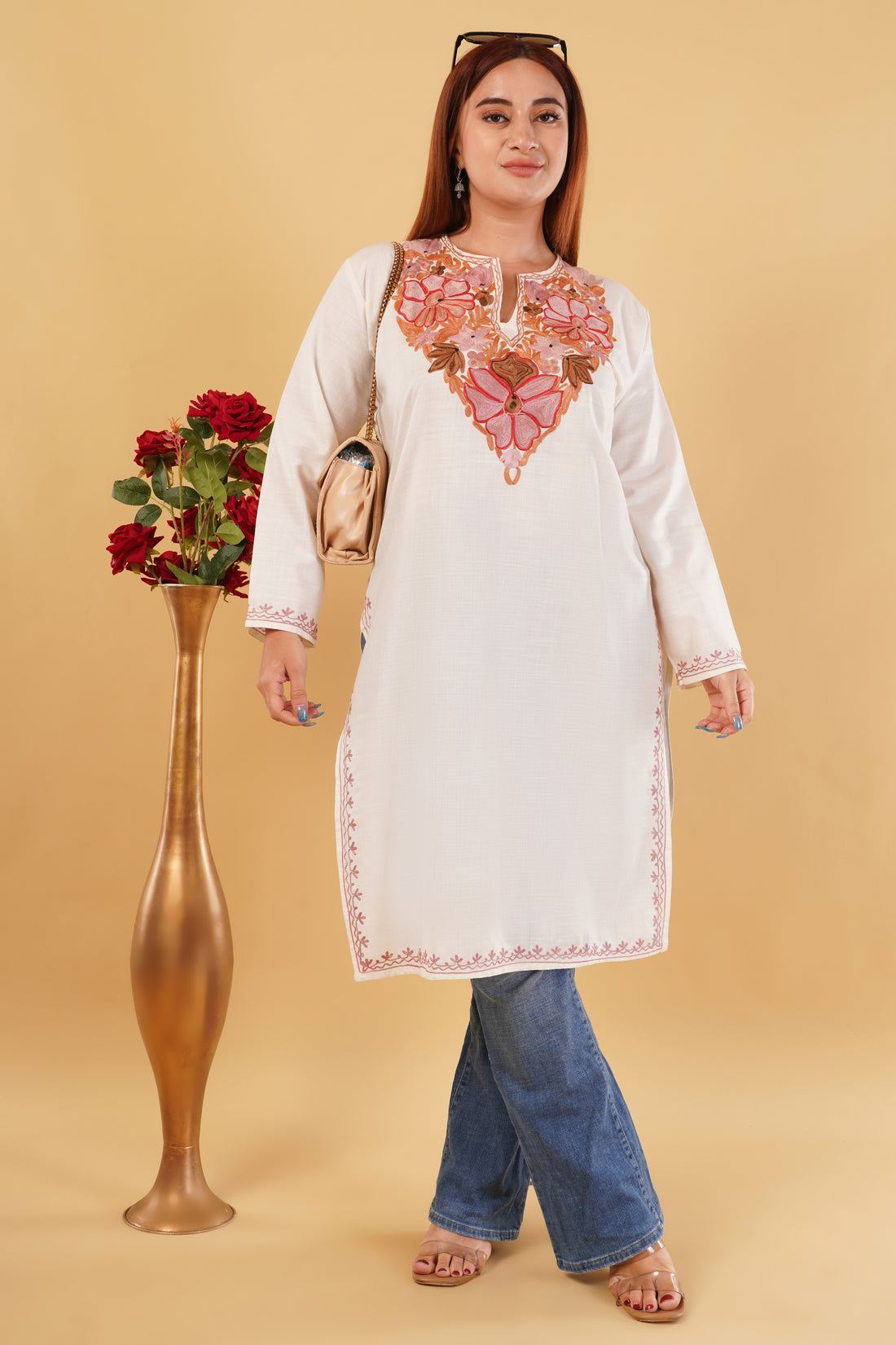 Kashmiri Aari embroidery Cotton Long Kurti Size-44(white)