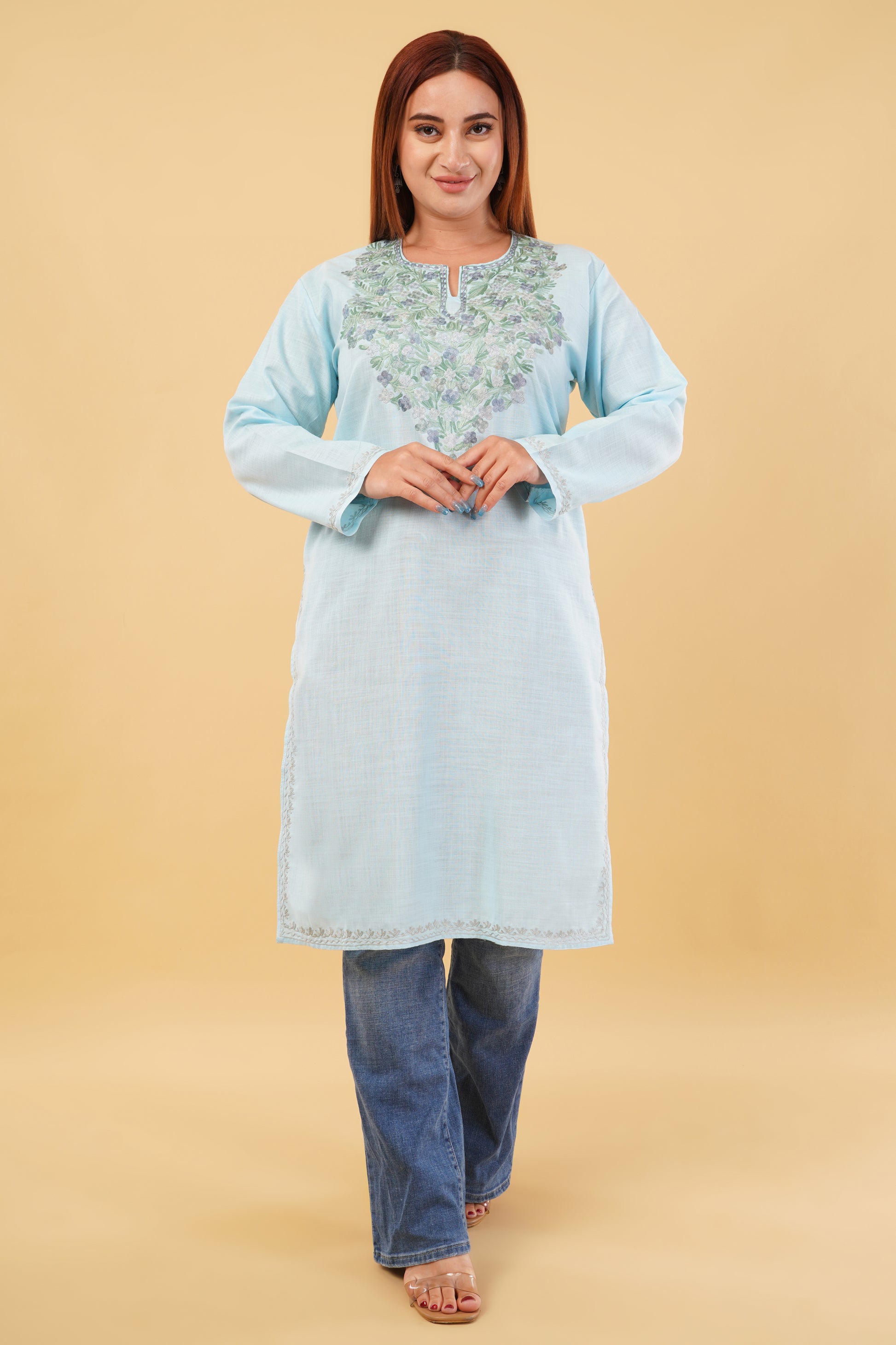 Kashmiri Aari embroidery Cotton Long Kurti Size-44(Sky Blue)