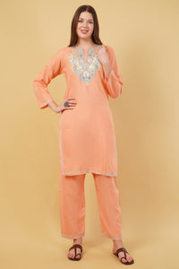 Kashmiri Aari embroidery Cotton Co-ord set Size-40 (Peach)