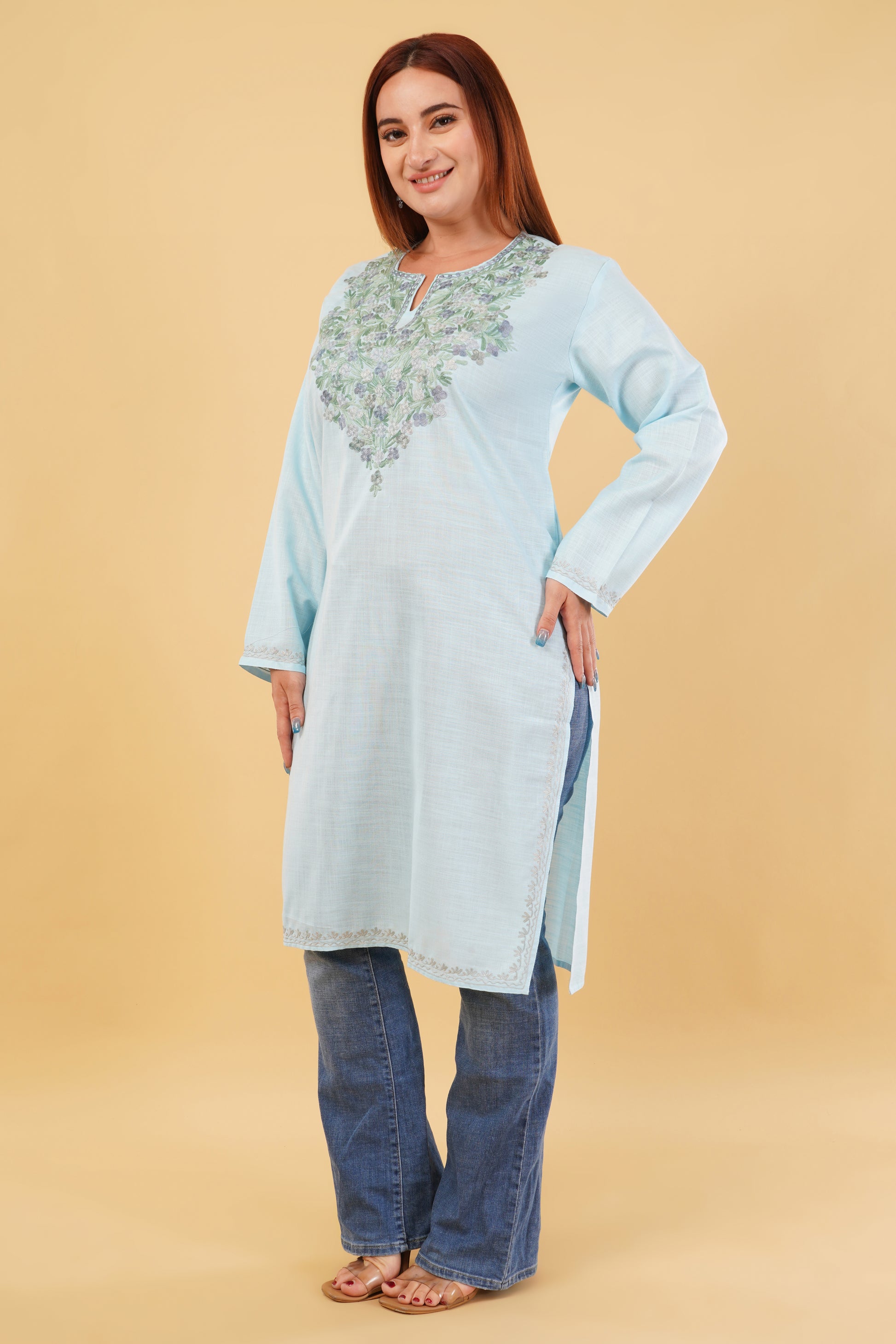Kashmiri Aari embroidery Cotton Long Kurti Size-44(Sky Blue)