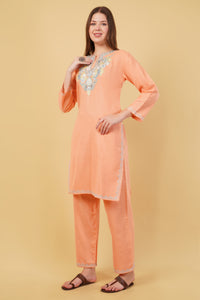 Kashmiri Aari embroidery Cotton Co-ord set Size-40 (Peach)