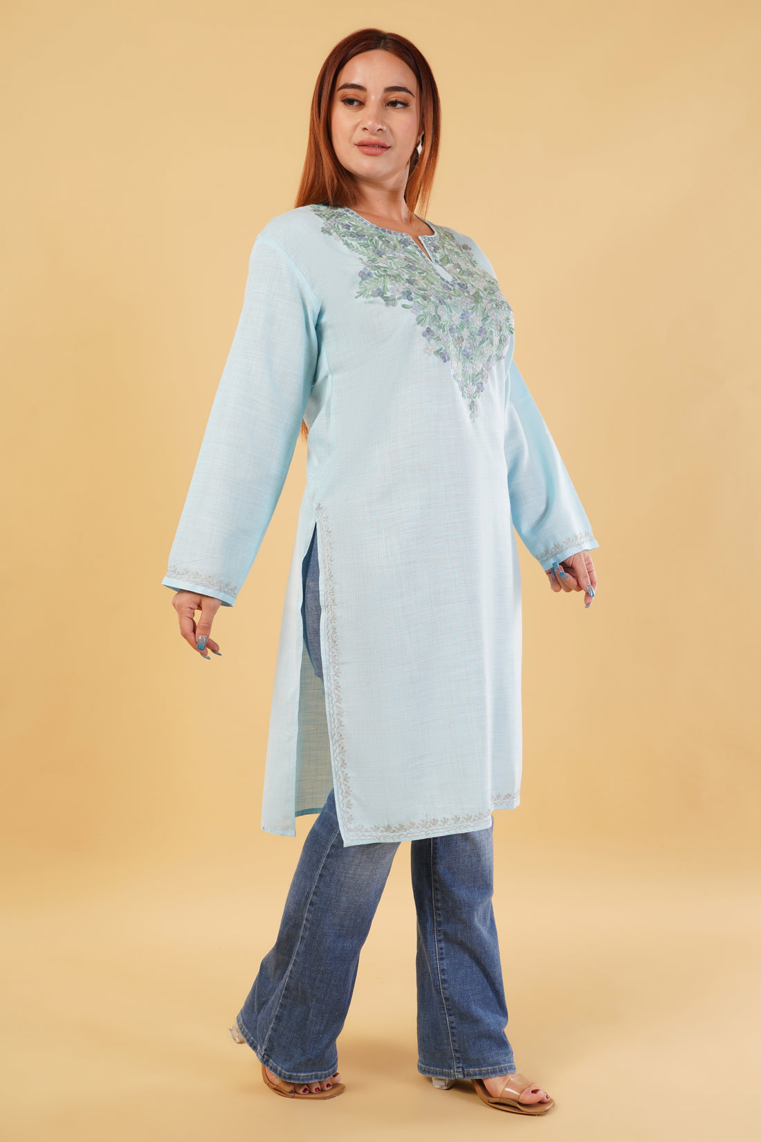 Kashmiri Aari embroidery Cotton Long Kurti Size-44(Sky Blue)