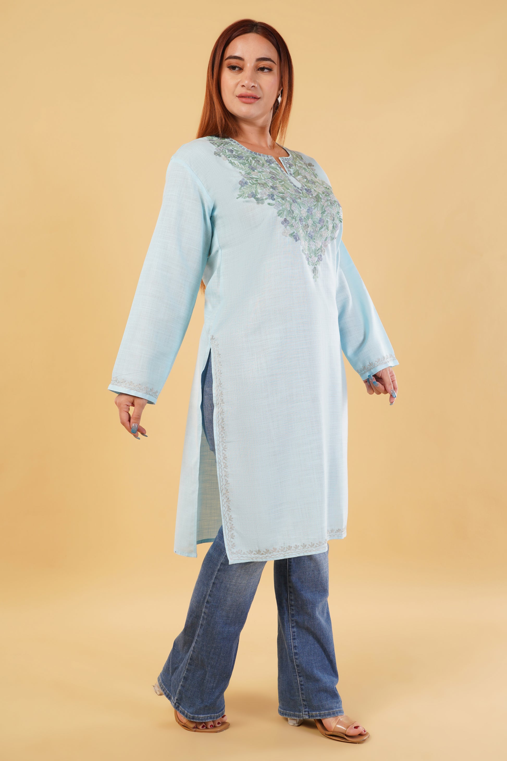 Kashmiri Aari embroidery Cotton Long Kurti Size-44(Sky Blue)
