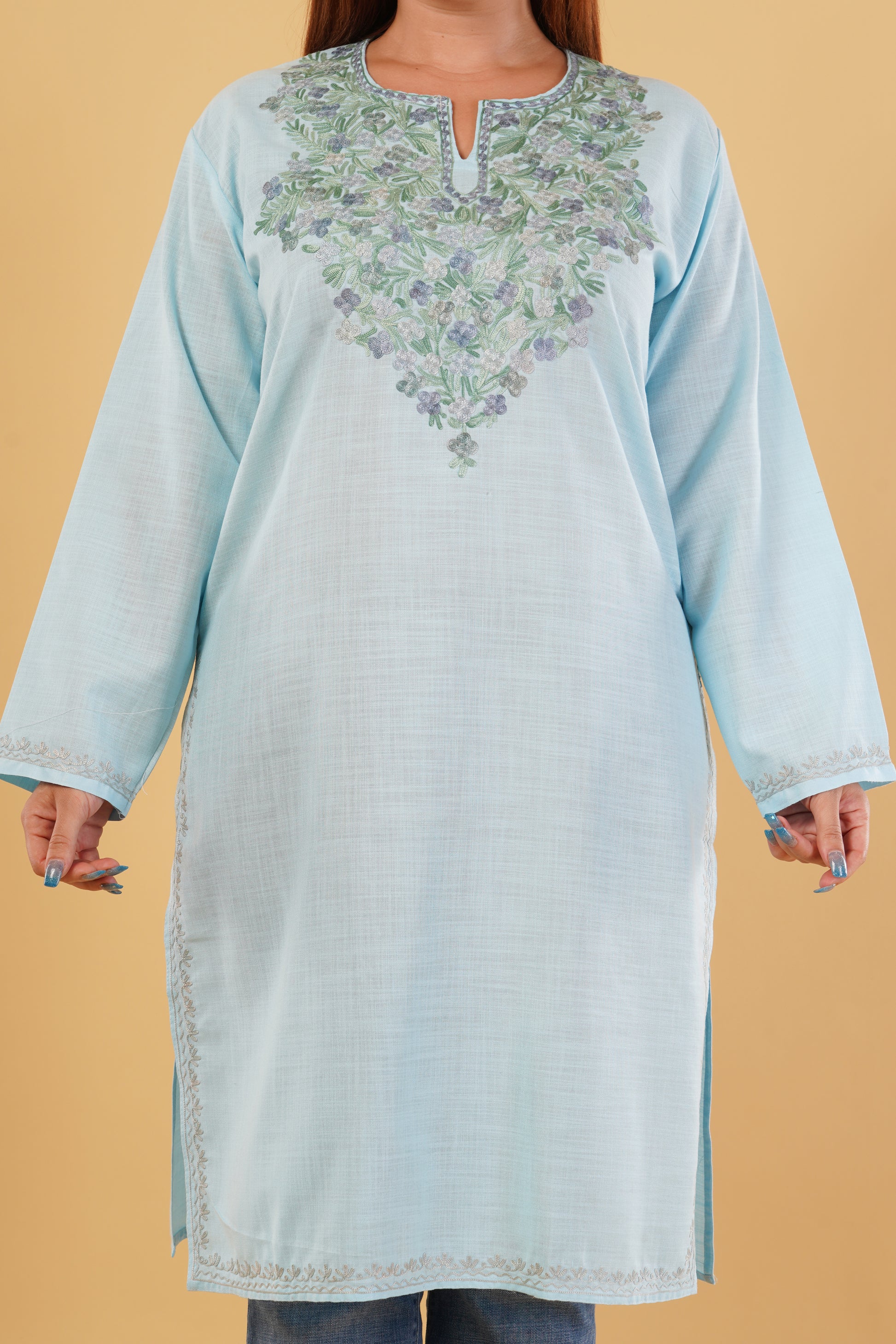 Kashmiri Aari embroidery Cotton Long Kurti Size-44(Sky Blue)