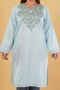 Kashmiri Aari embroidery Cotton Long Kurti Size-44(Sky Blue)