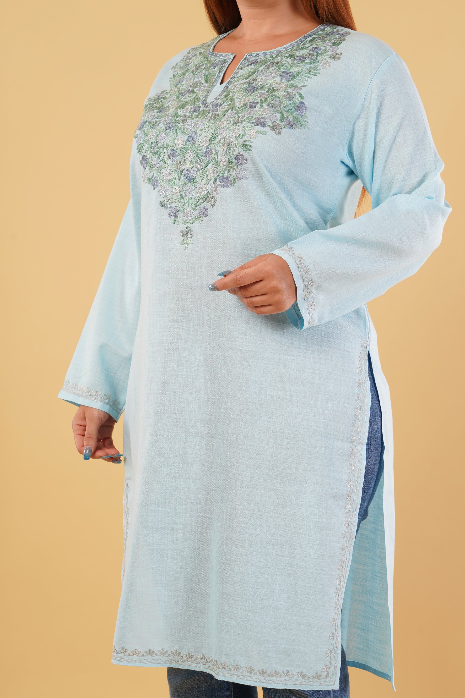 Kashmiri Aari embroidery Cotton Long Kurti Size-44(Sky Blue)