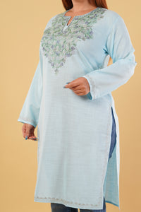 Kashmiri Aari embroidery Cotton Long Kurti Size-44(Sky Blue)