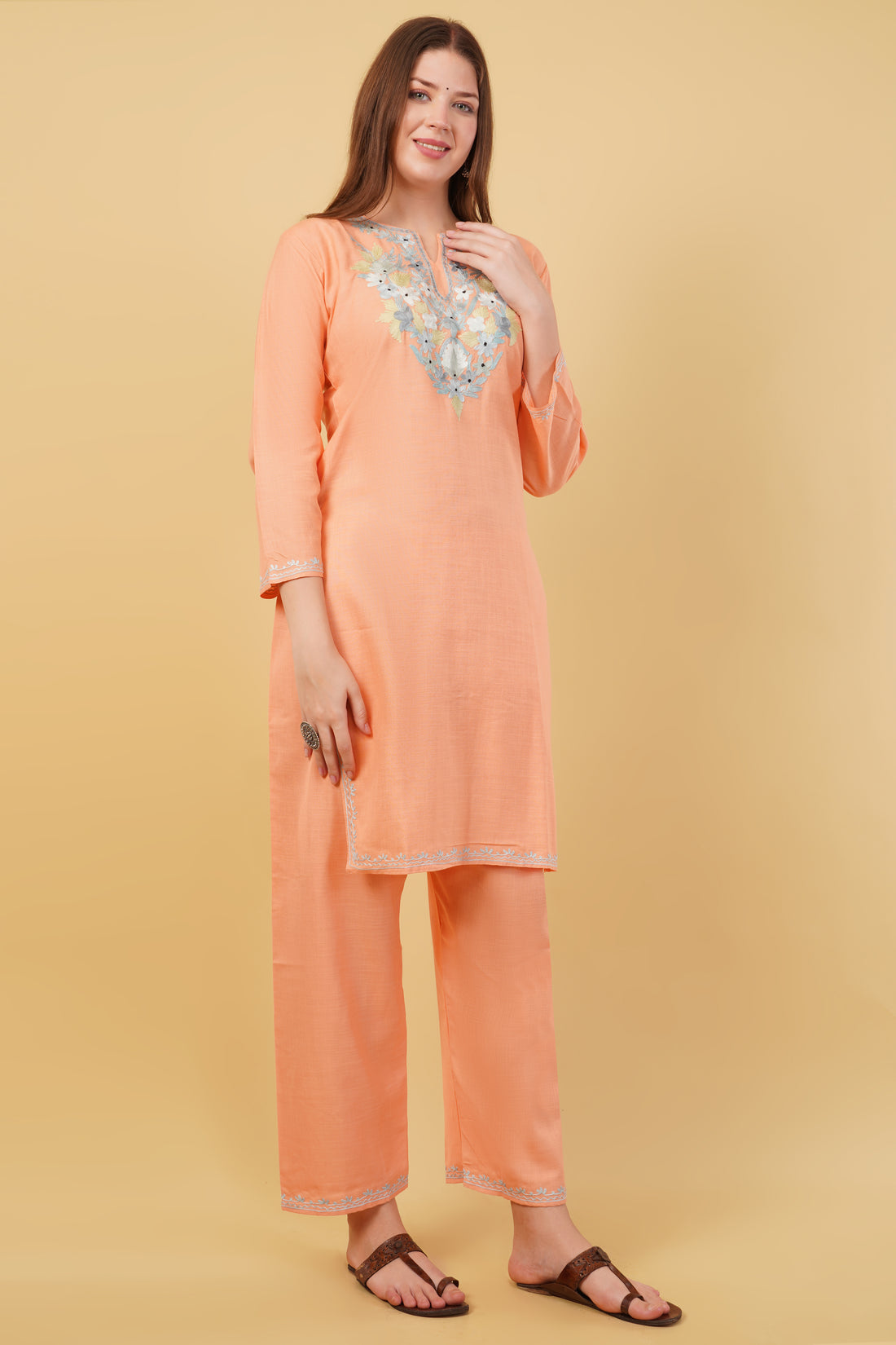 Kashmiri Aari embroidery Cotton Co-ord set Size-40 (Peach)