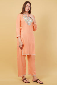 Kashmiri Aari embroidery Cotton Co-ord set Size-40 (Peach)