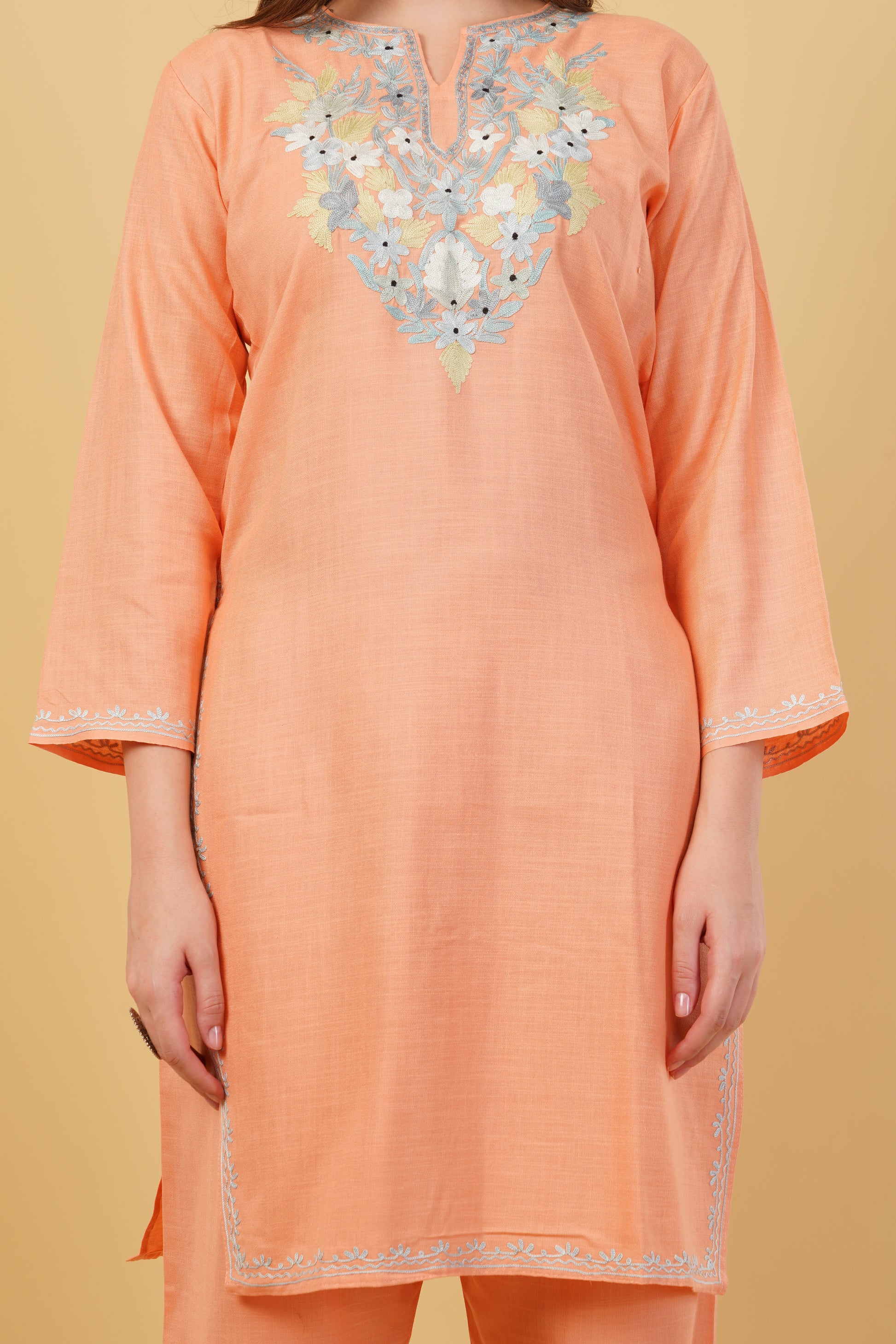 Kashmiri Aari embroidery Cotton Co-ord set Size-40 (Peach)