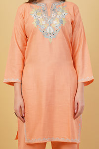 Kashmiri Aari embroidery Cotton Co-ord set Size-40 (Peach)