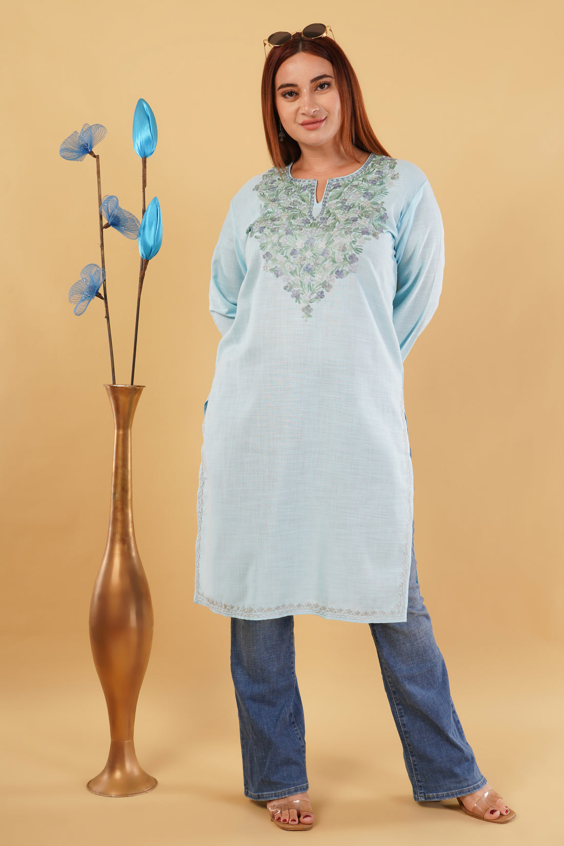Kashmiri Aari embroidery Cotton Long Kurti Size-44(Sky Blue)