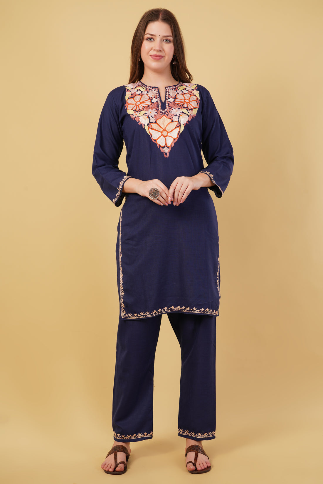 Kashmiri Aari embroidery Cotton Co-ord set Size-40 (Navy Blue)