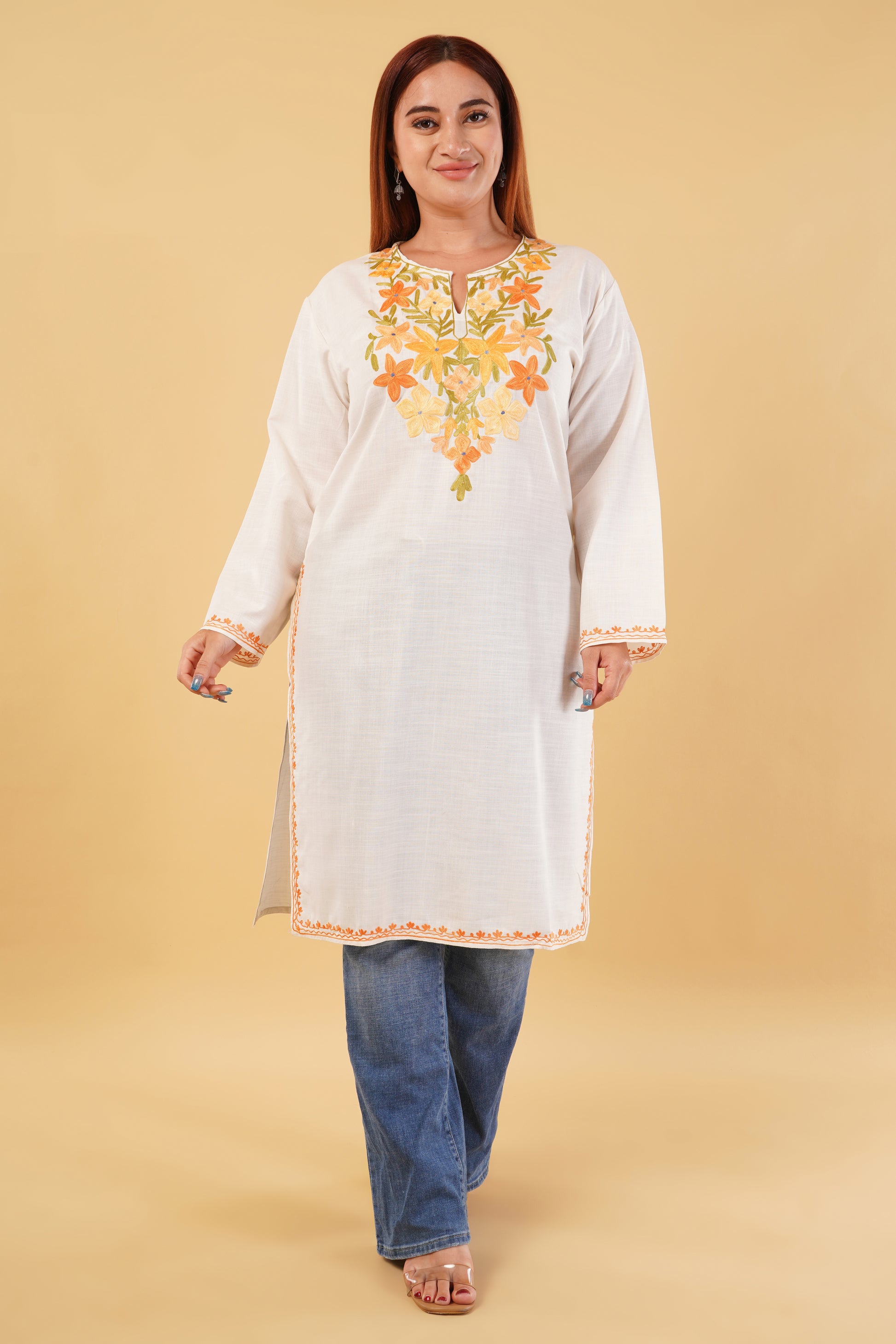 Kashmiri Aari embroidery Cotton Long Kurti Size-44(White)