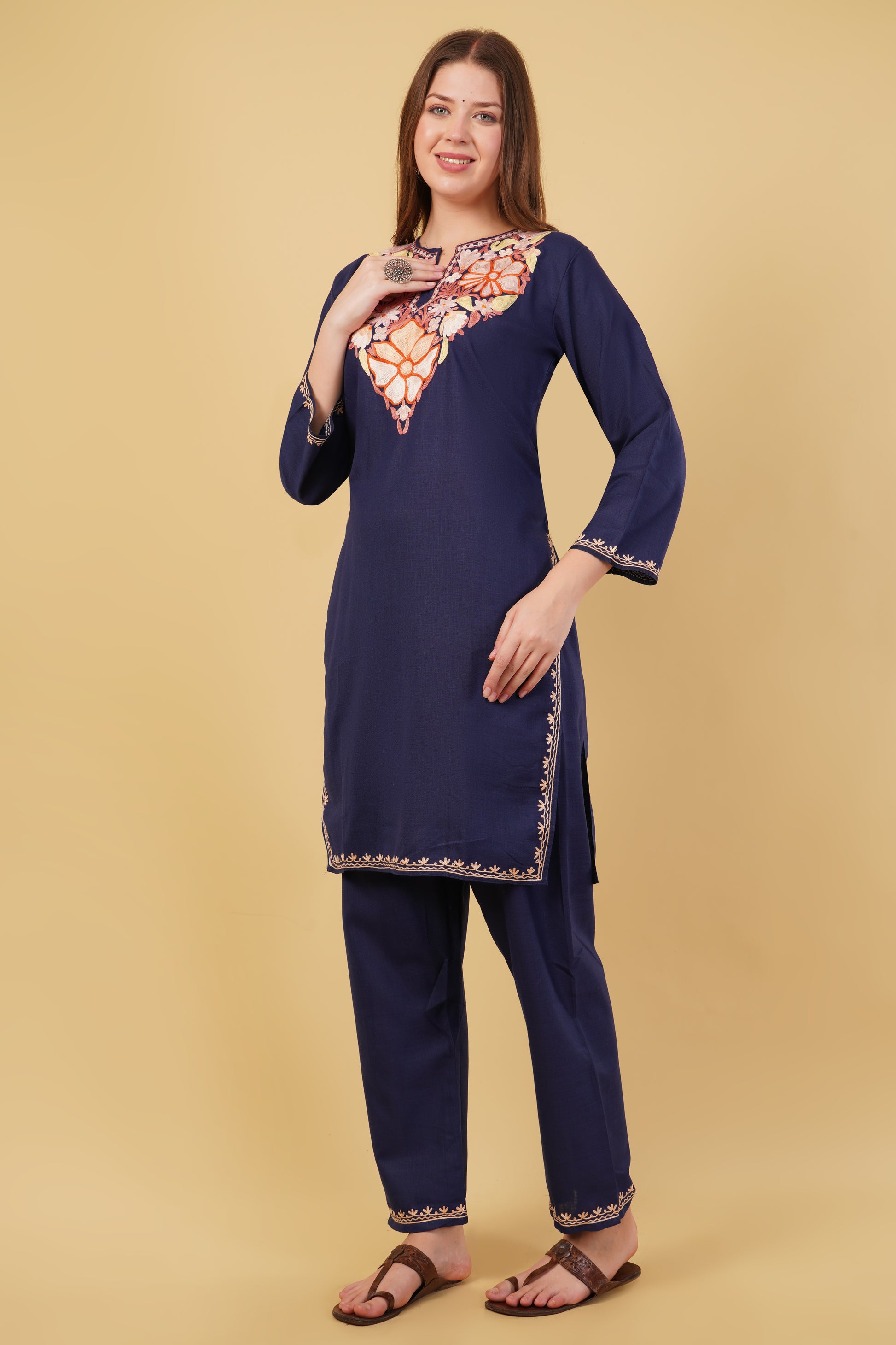 Kashmiri Aari embroidery Cotton Co-ord set Size-40 (Navy Blue)