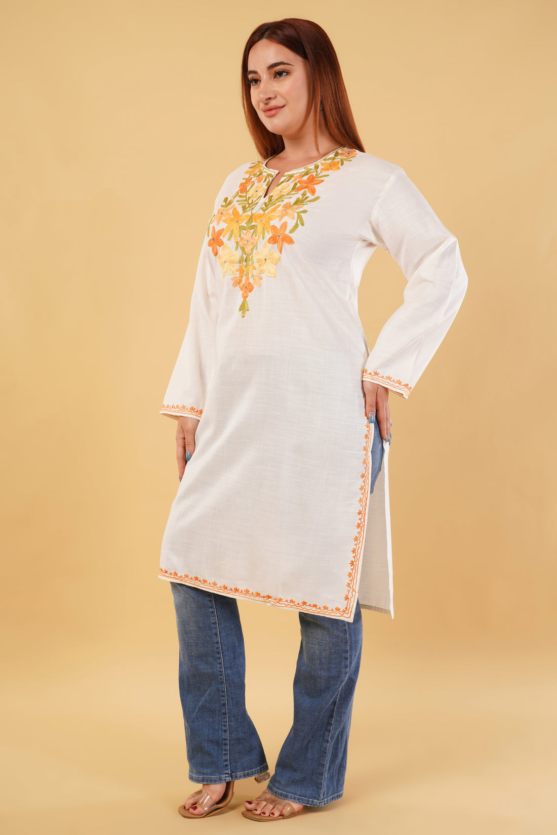 Kashmiri Aari embroidery Cotton Long Kurti Size-44(White)
