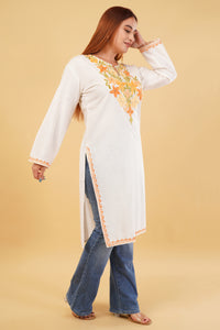 Kashmiri Aari embroidery Cotton Long Kurti Size-44(White)
