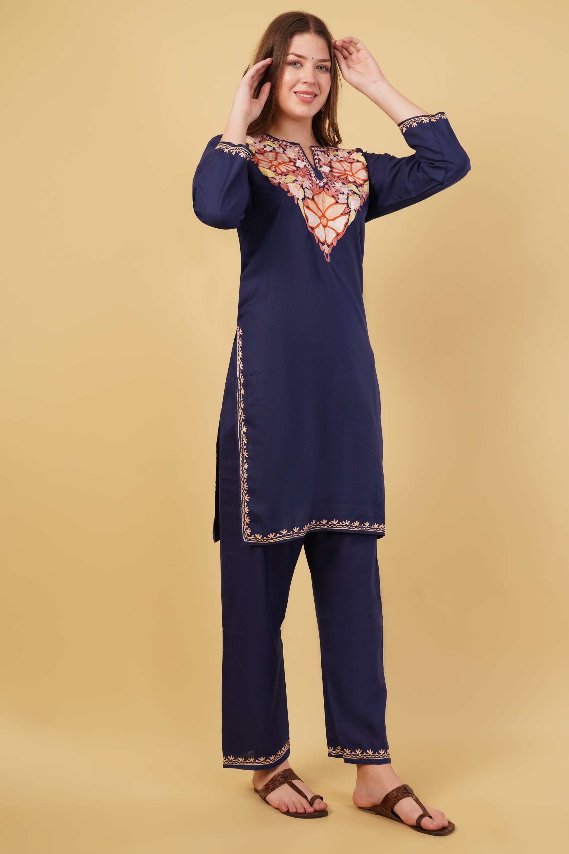 Kashmiri Aari embroidery Cotton Co-ord set Size-40 (Navy Blue)