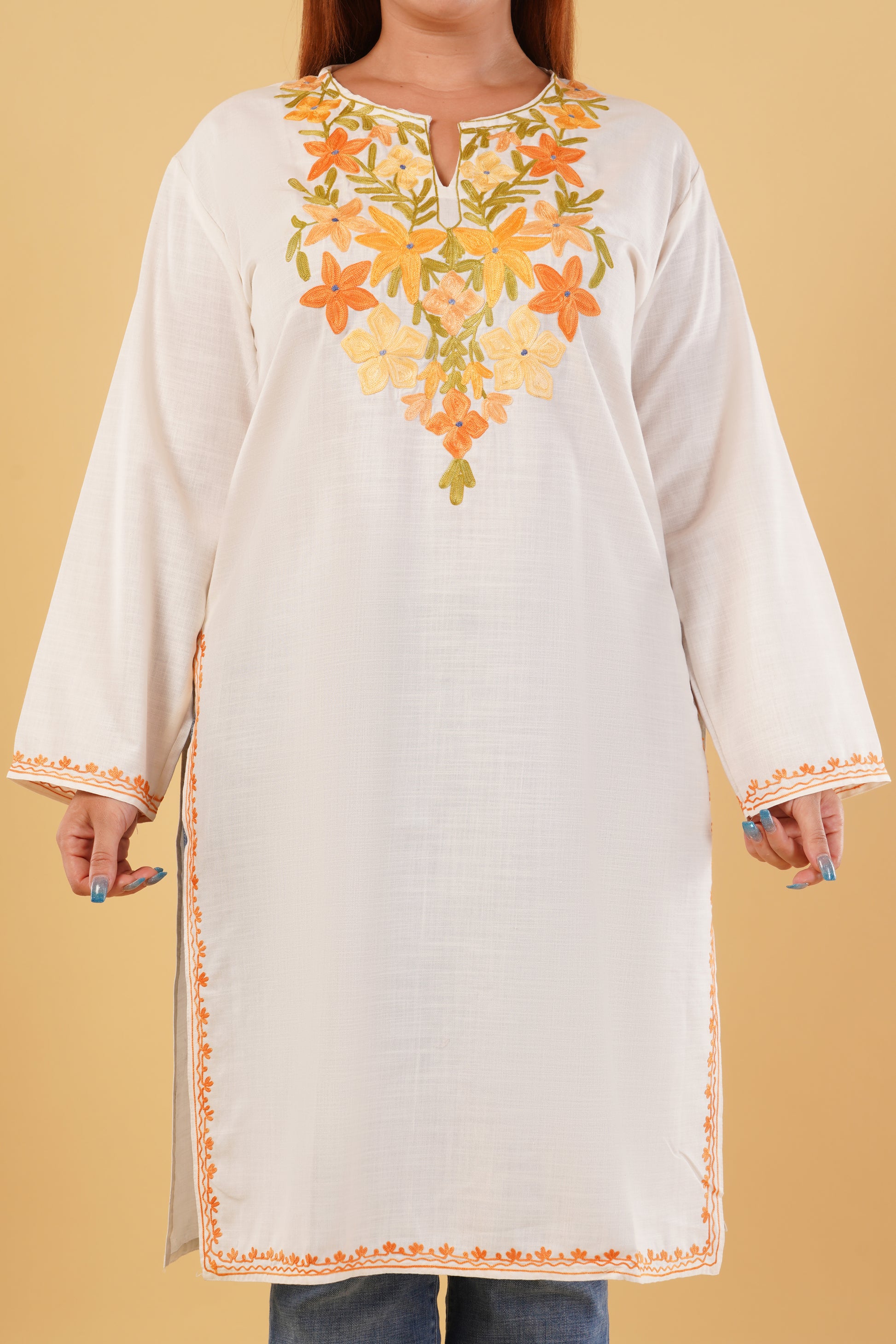 Kashmiri Aari embroidery Cotton Long Kurti Size-44(White)