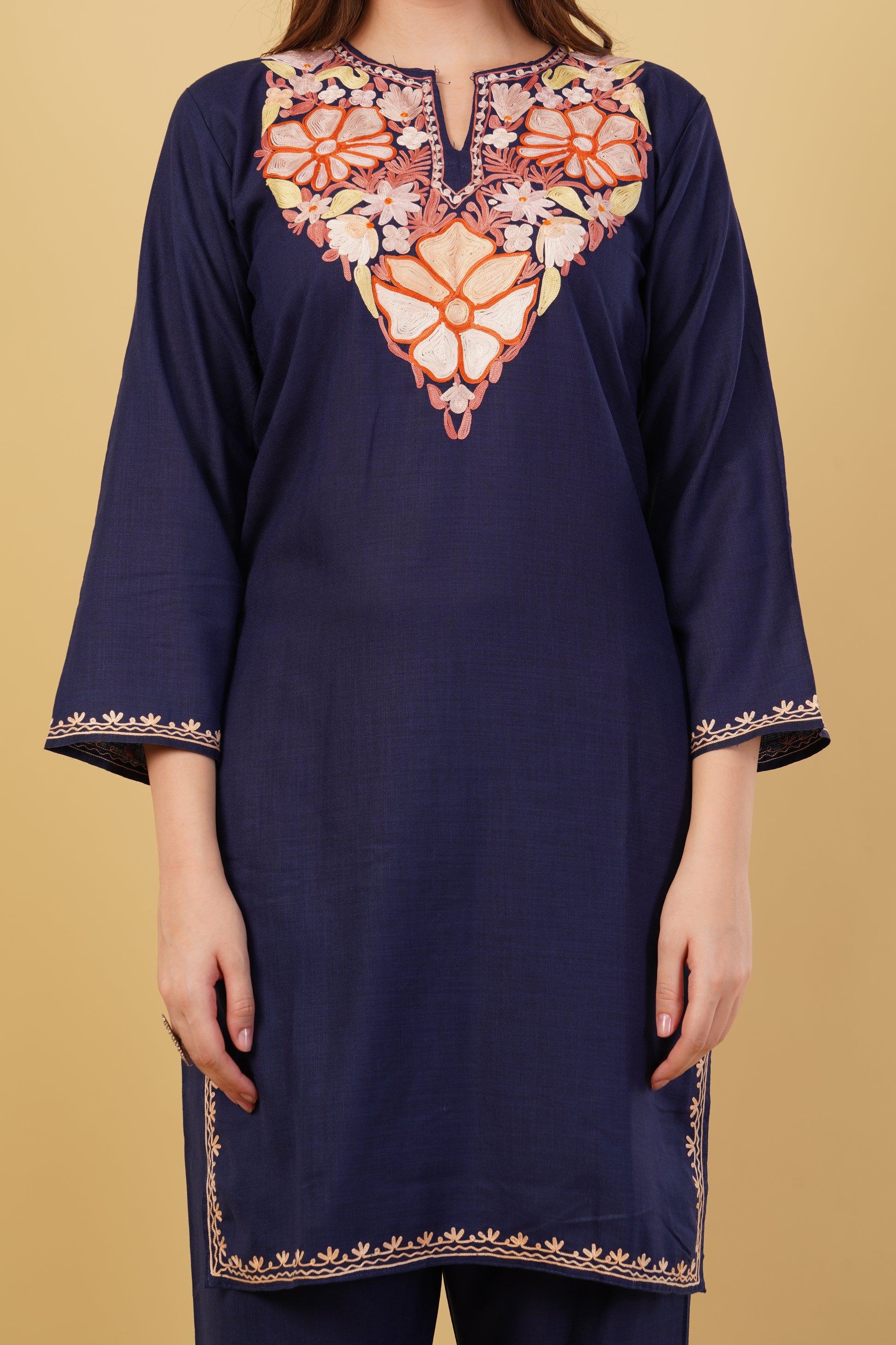 Kashmiri Aari embroidery Cotton Co-ord set Size-40 (Navy Blue)