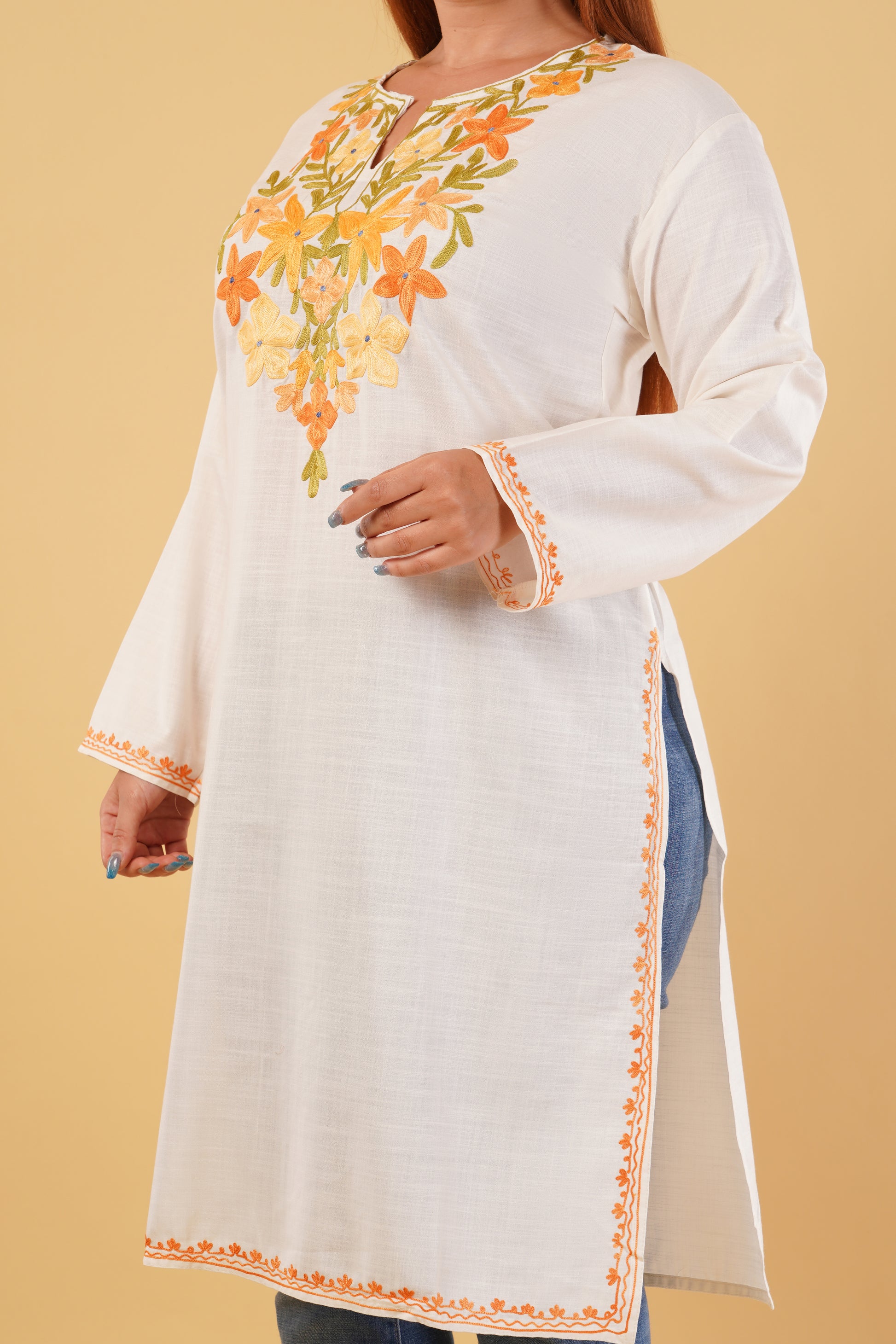 Kashmiri Aari embroidery Cotton Long Kurti Size-44(White)