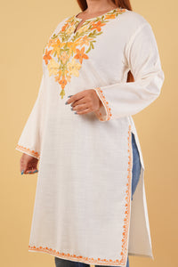Kashmiri Aari embroidery Cotton Long Kurti Size-44(White)