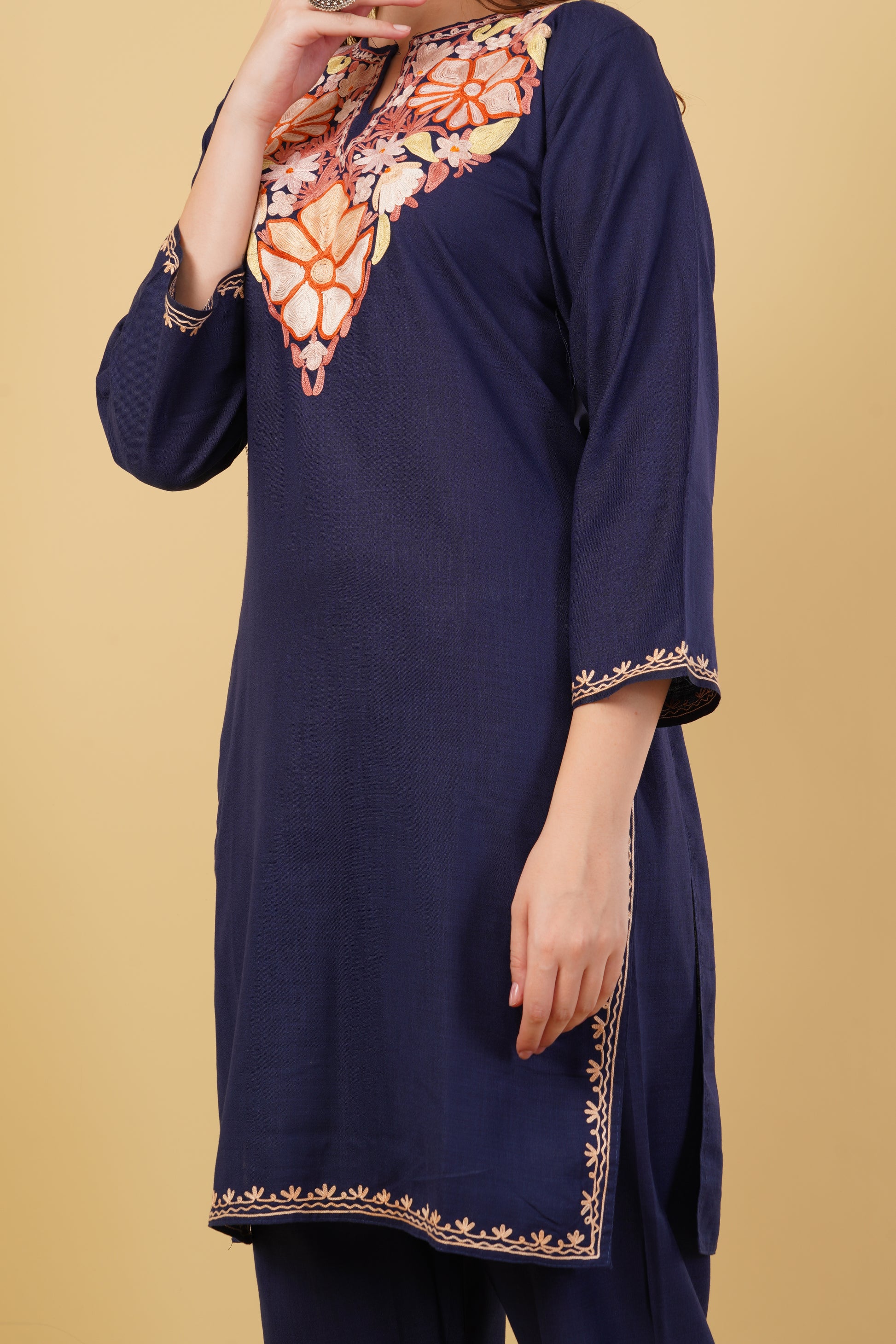 Kashmiri Aari embroidery Cotton Co-ord set Size-40 (Navy Blue)