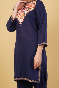 Kashmiri Aari embroidery Cotton Co-ord set Size-40 (Navy Blue)