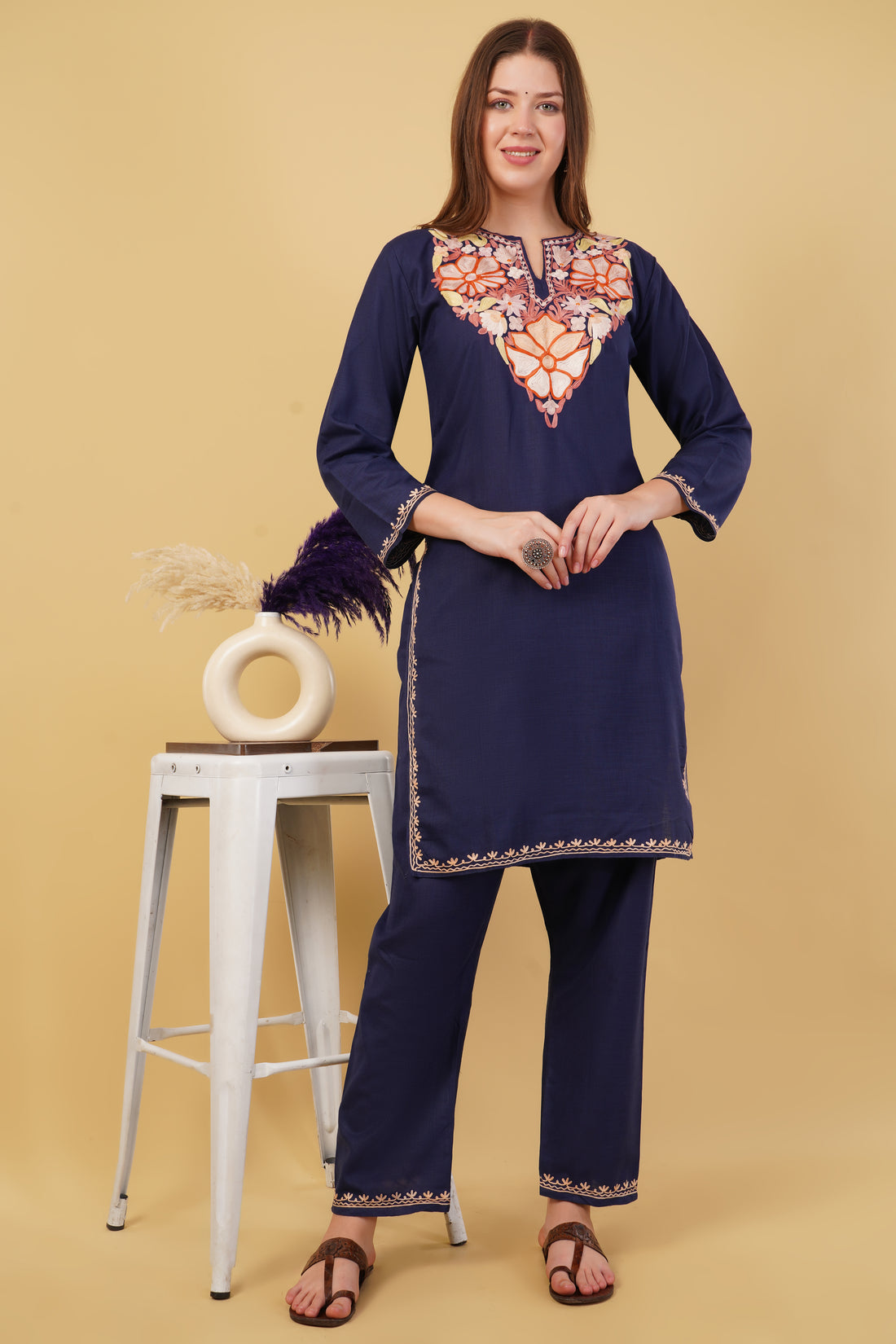 Kashmiri Aari embroidery Cotton Co-ord set Size-40 (Navy Blue)