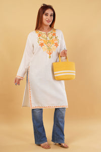 Kashmiri Aari embroidery Cotton Long Kurti Size-44(White)