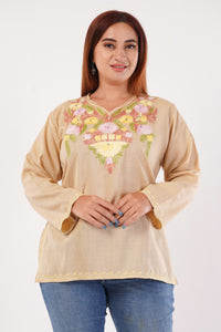 Kashmiri Aari embroidery Cotton Short Kurti Size-44(Beige)