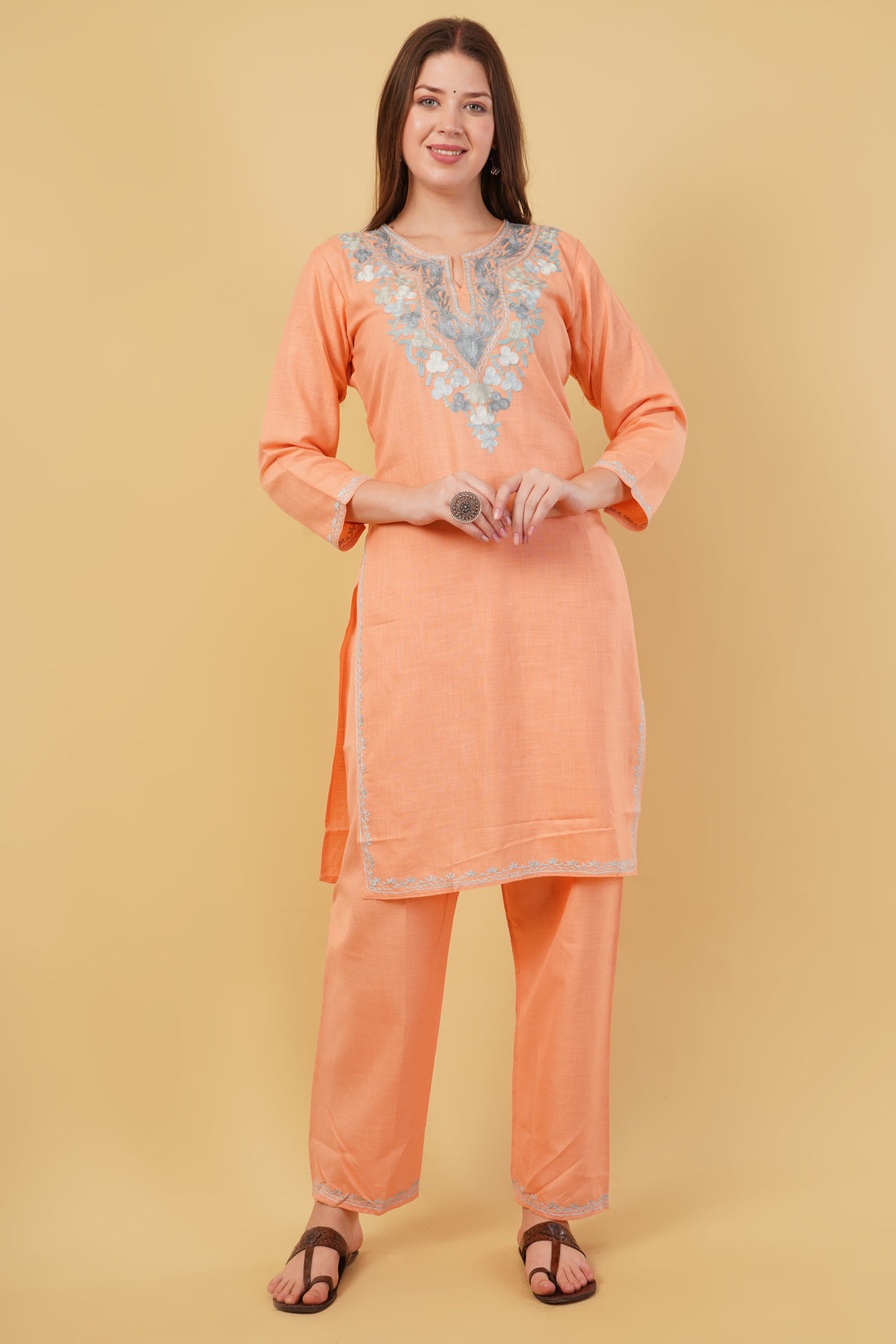 Kashmiri Aari embroidery Cotton Co-ord set Size-40 (Peach)