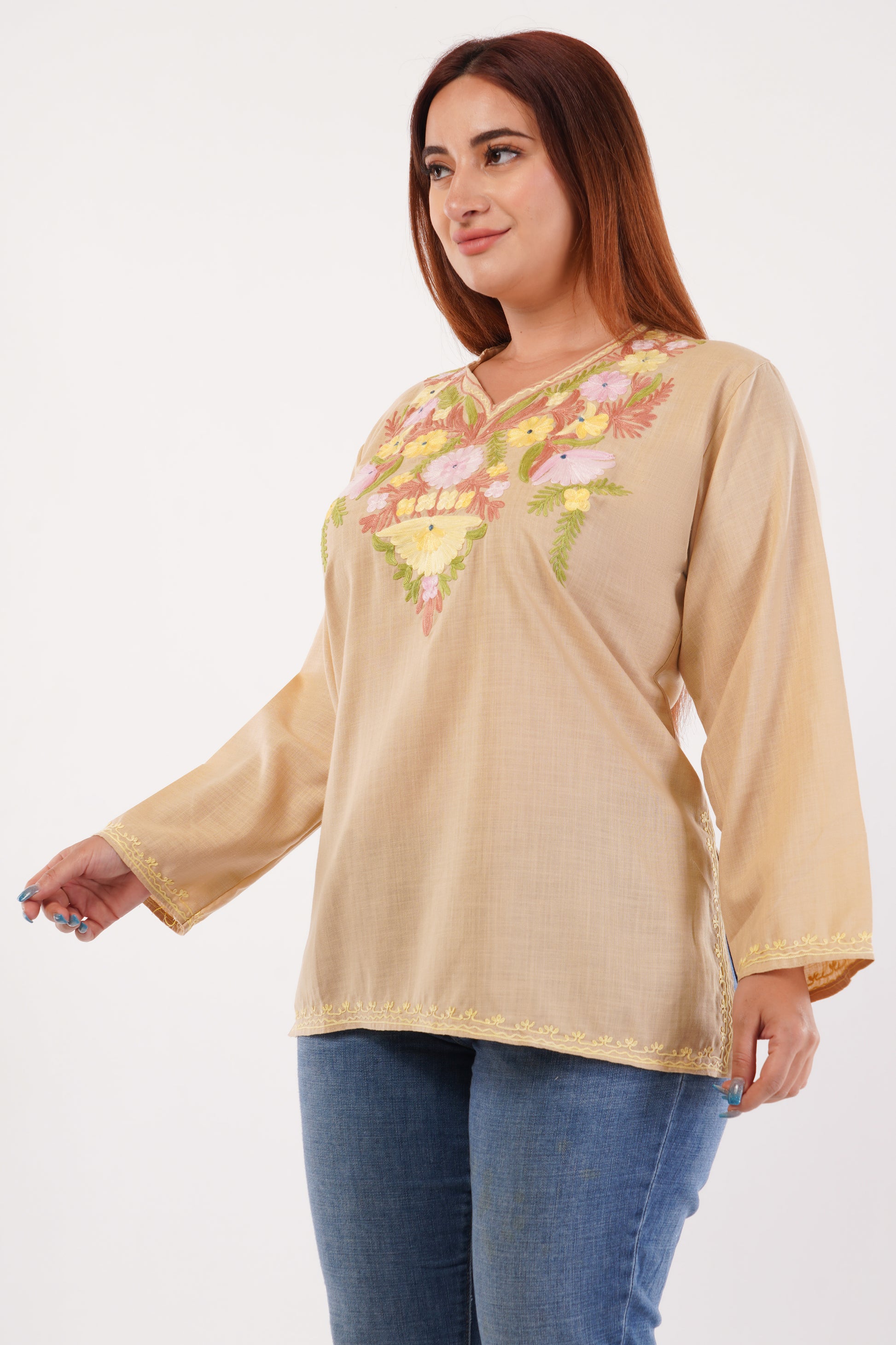 Kashmiri Aari embroidery Cotton Short Kurti Size-44(Beige)