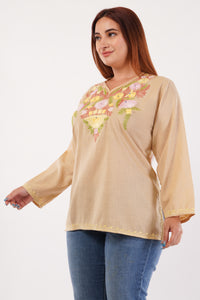 Kashmiri Aari embroidery Cotton Short Kurti Size-44(Beige)