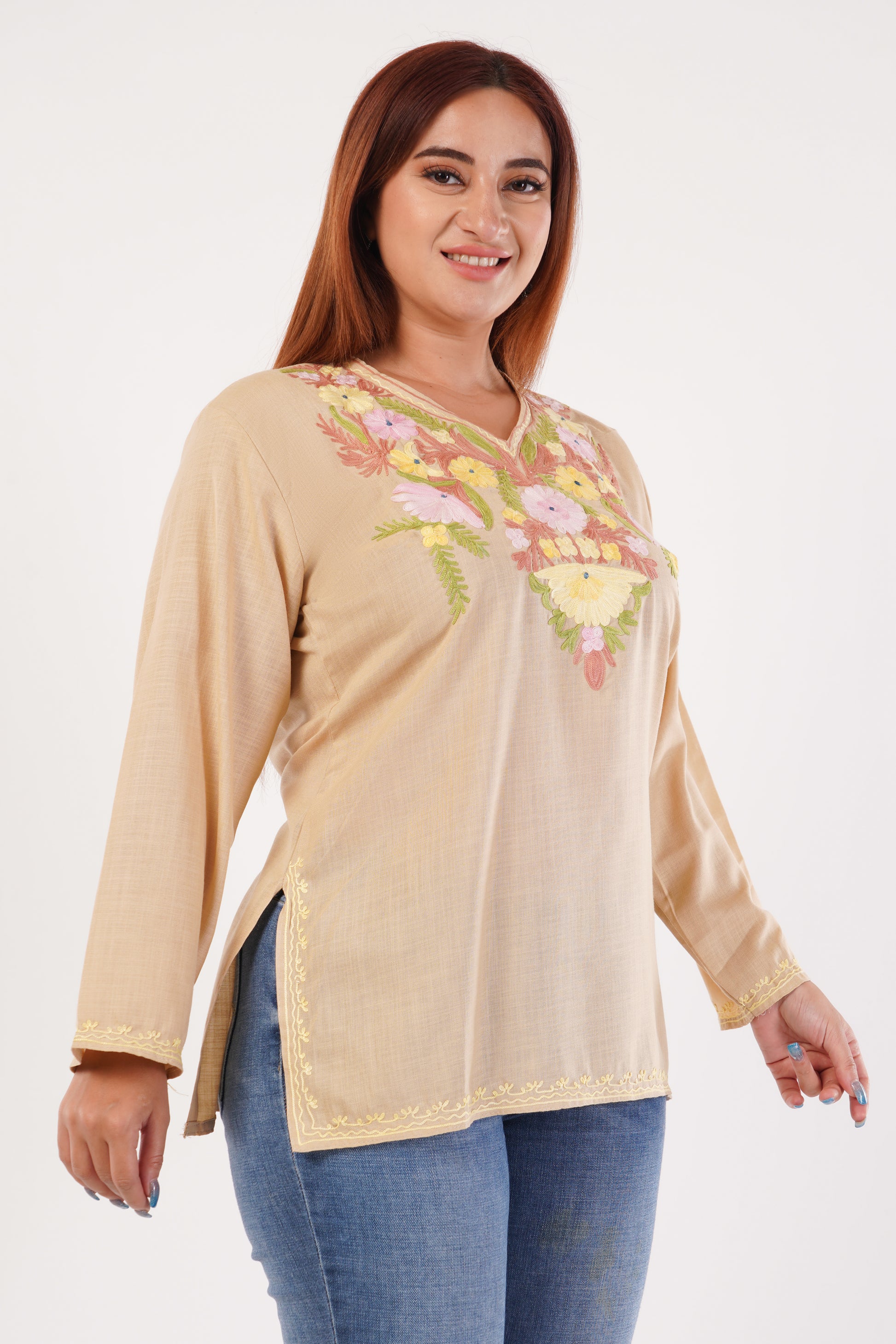Kashmiri Aari embroidery Cotton Short Kurti Size-44(Beige)