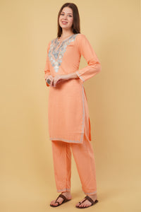 Kashmiri Aari embroidery Cotton Co-ord set Size-40 (Peach)