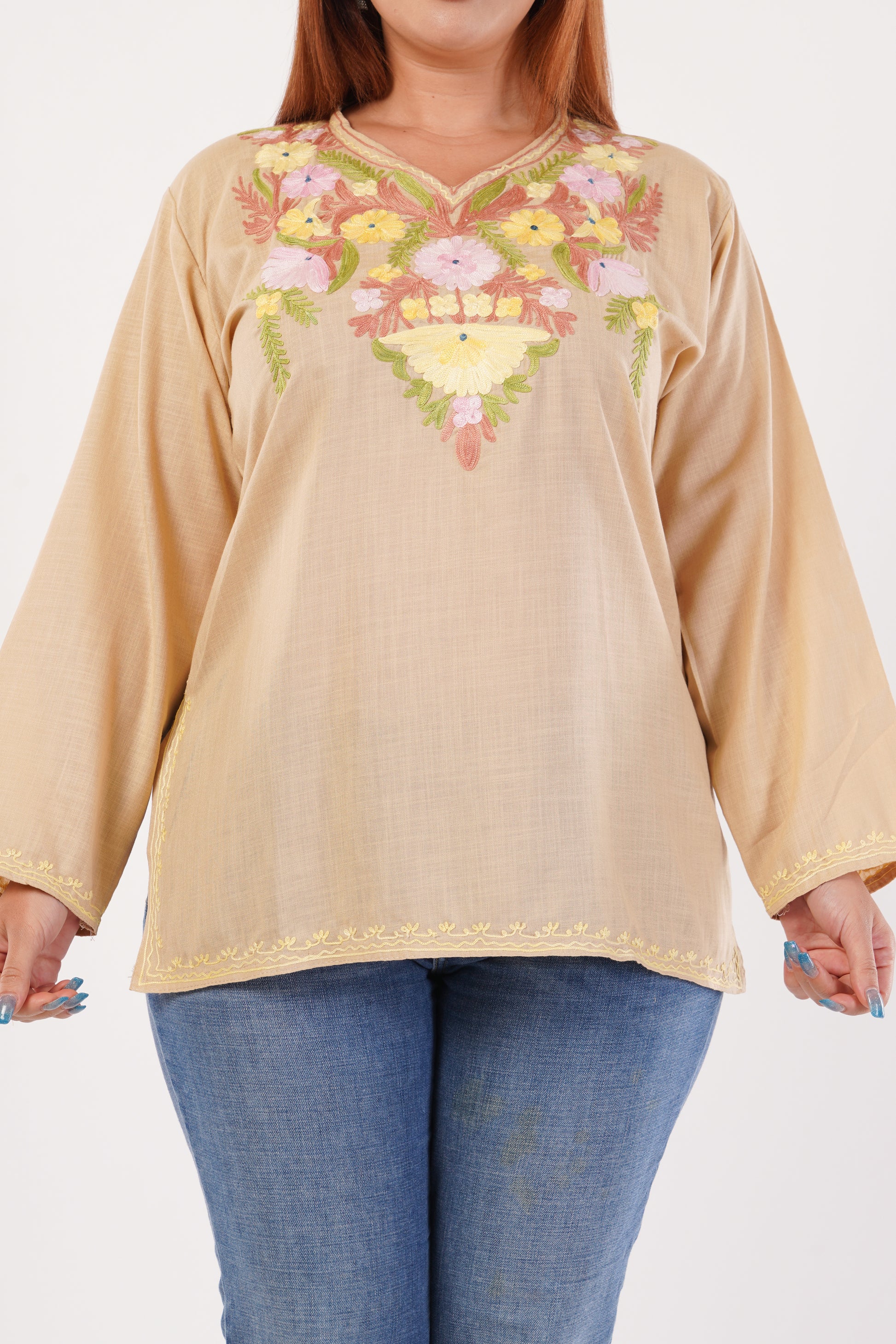Kashmiri Aari embroidery Cotton Short Kurti Size-44(Beige)