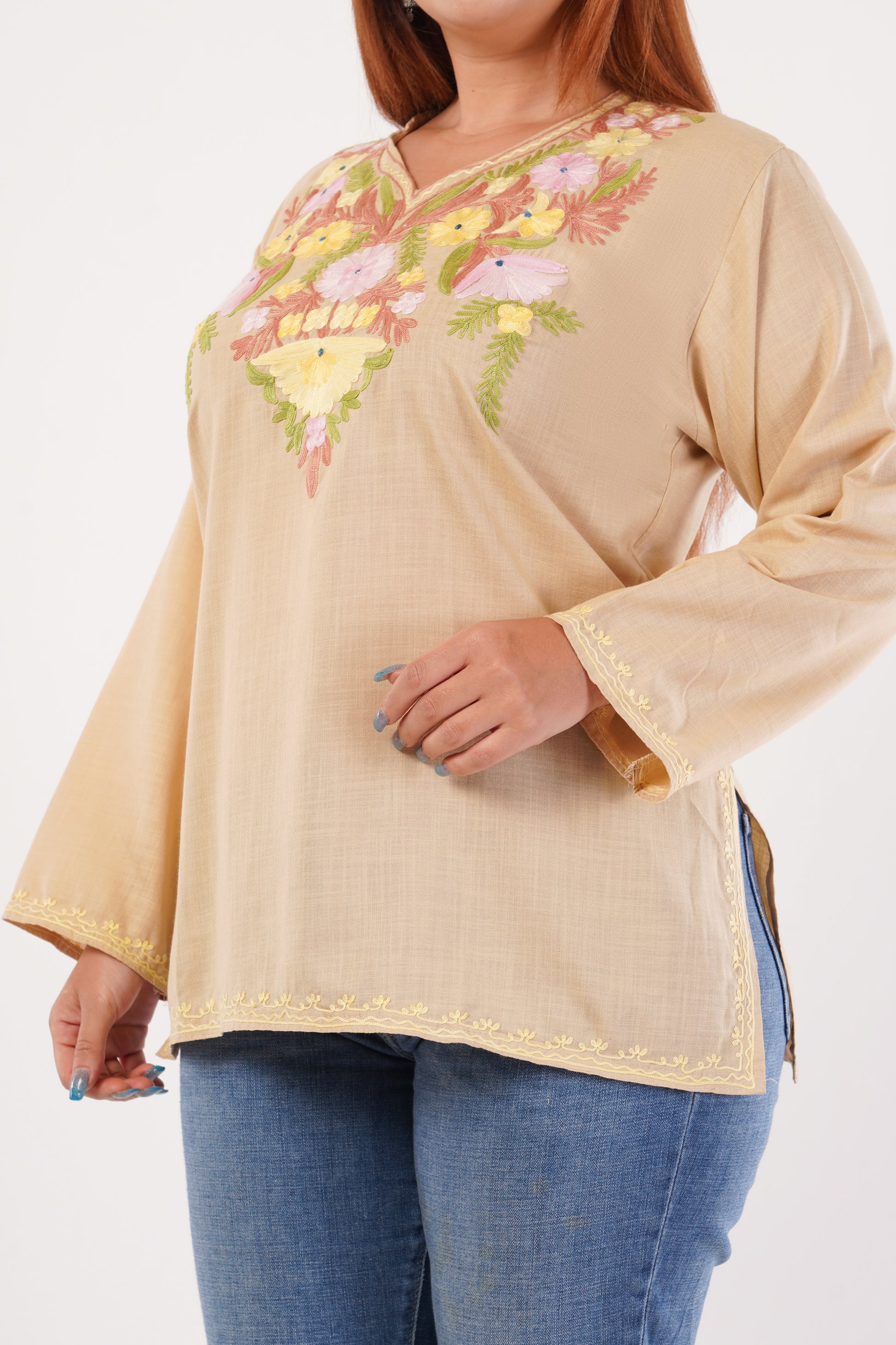 Kashmiri Aari embroidery Cotton Short Kurti Size-44(Beige)