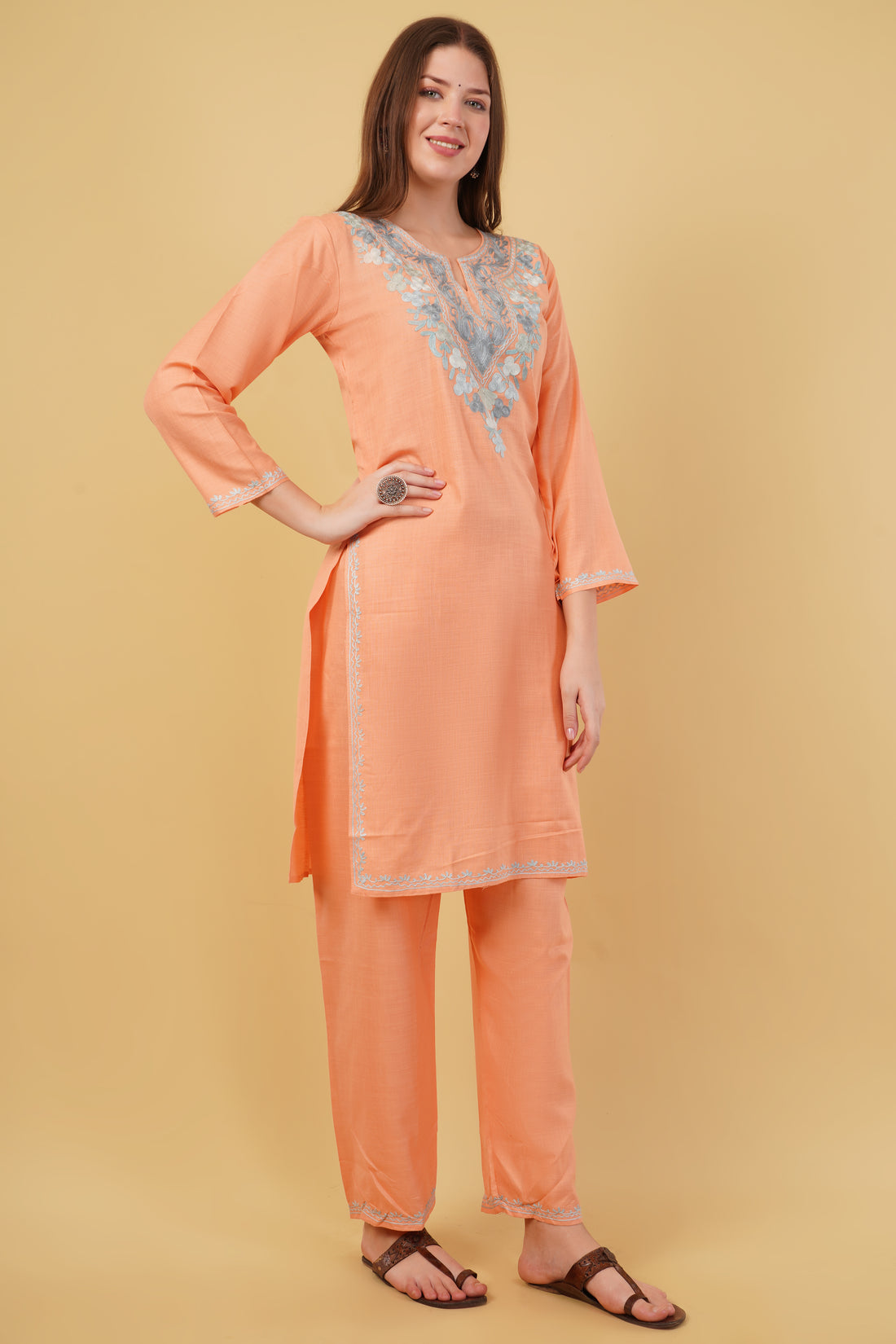 Kashmiri Aari embroidery Cotton Co-ord set Size-40(2)(Peach)