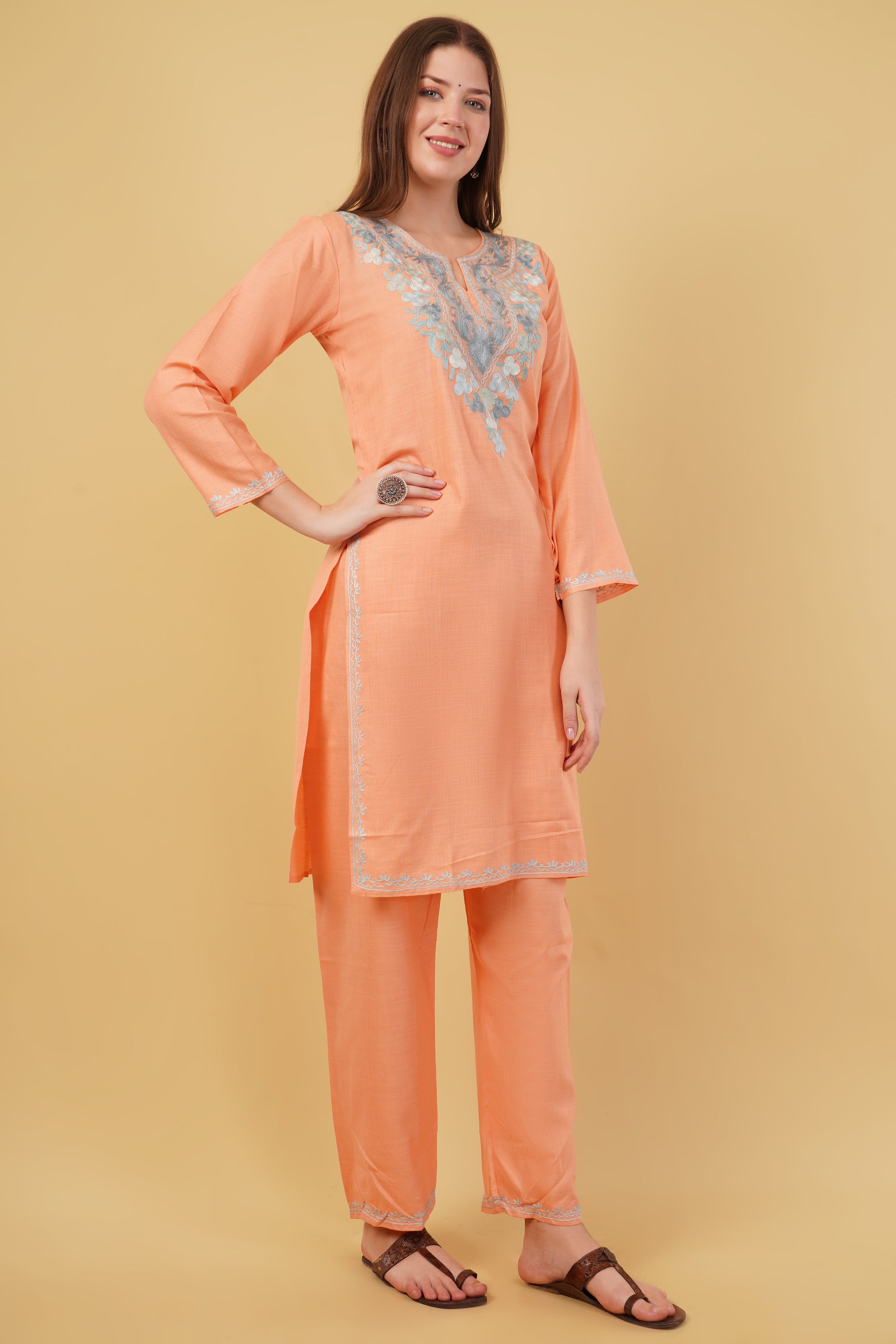 Kashmiri Aari embroidery Cotton Co-ord set Size-40 (Peach)