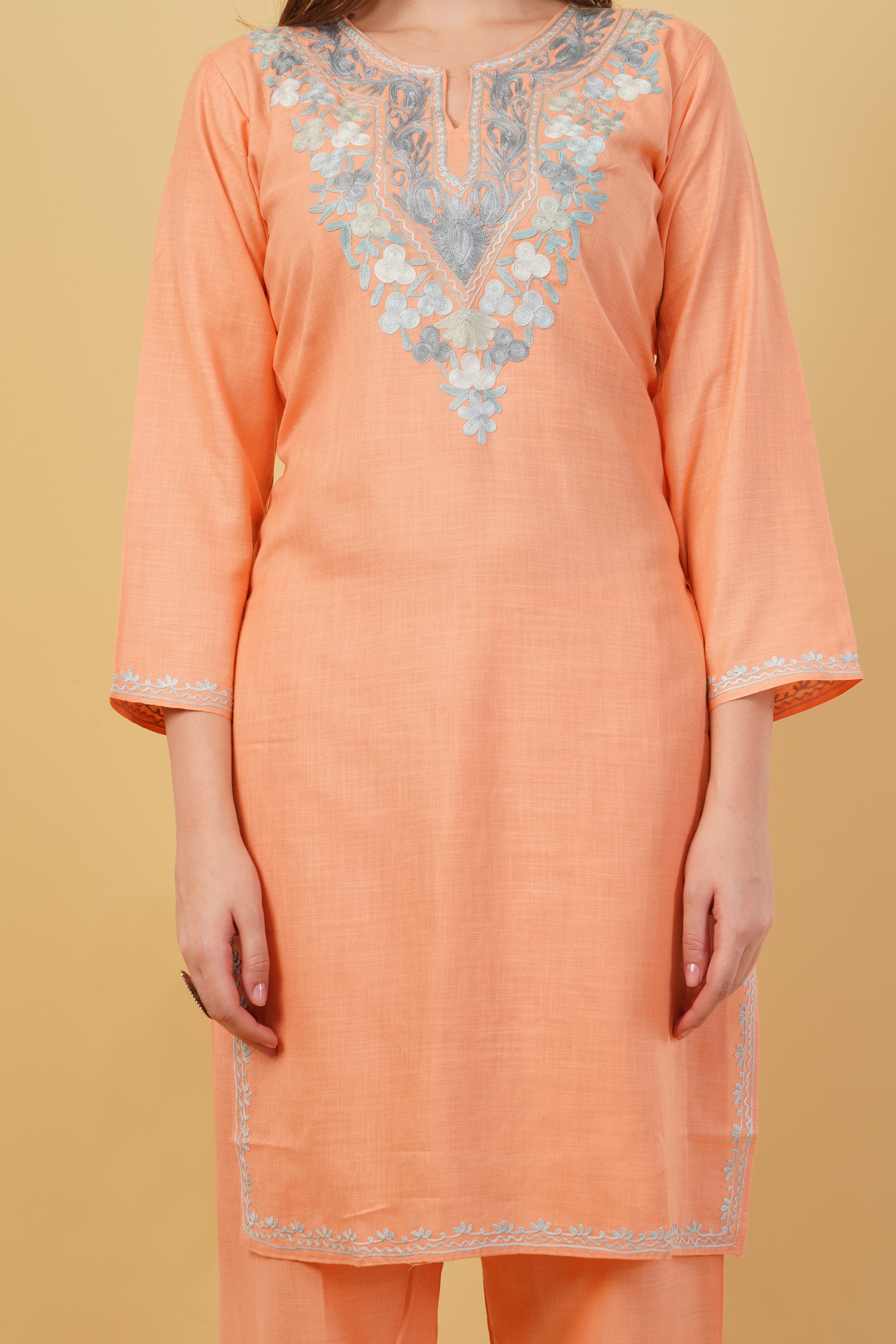 Kashmiri Aari embroidery Cotton Co-ord set Size-40 (Peach)