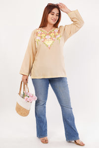Kashmiri Aari embroidery Cotton Short Kurti Size-44(Beige)