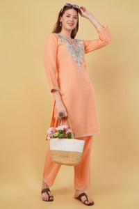 Kashmiri Aari embroidery Cotton Co-ord set Size-40 (Peach)